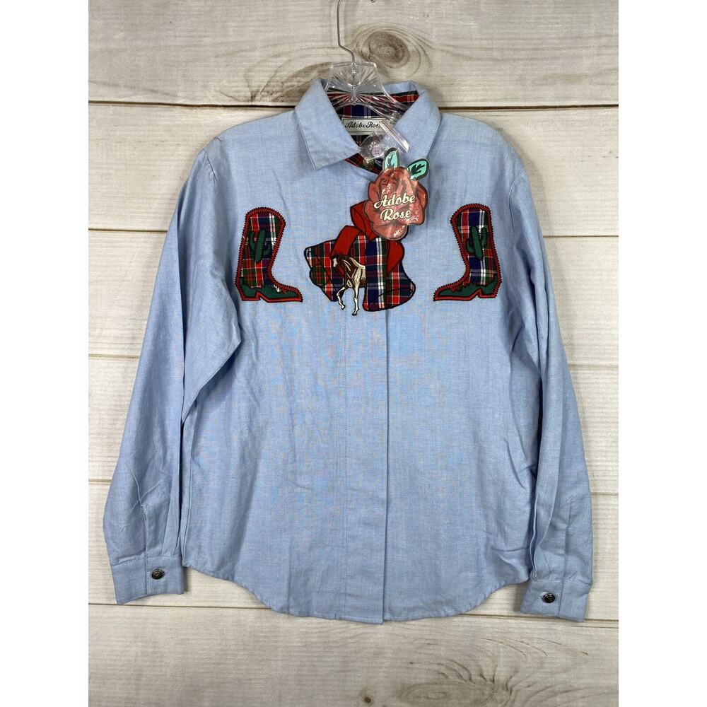 Vtg Adobe Rose Top Womens S Blue Red Plaid Horses Western Cowgirl Button Up NWT